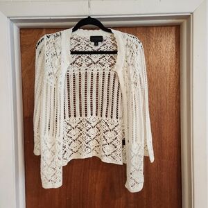 VTG INVESTMENTS Women Boho Crochet Open Knit Cardigan Sweater Cream Beige Y2K S